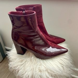 Burgandy Suede & Faux Patent Leather Booties